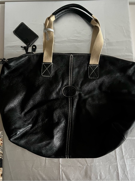Roots Handbags - Roots Dark Brown Leather Duffel Bag with Canvas Handles